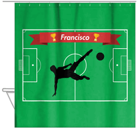Thumbnail for Personalized Soccer Shower Curtain XLIX - Green Background - Boy Silhouette IV - Hanging View