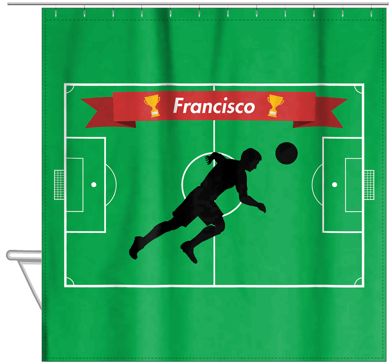 Personalized Soccer Shower Curtain XLIX - Green Background - Boy Silhouette V - Hanging View