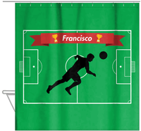 Thumbnail for Personalized Soccer Shower Curtain XLIX - Green Background - Boy Silhouette V - Hanging View