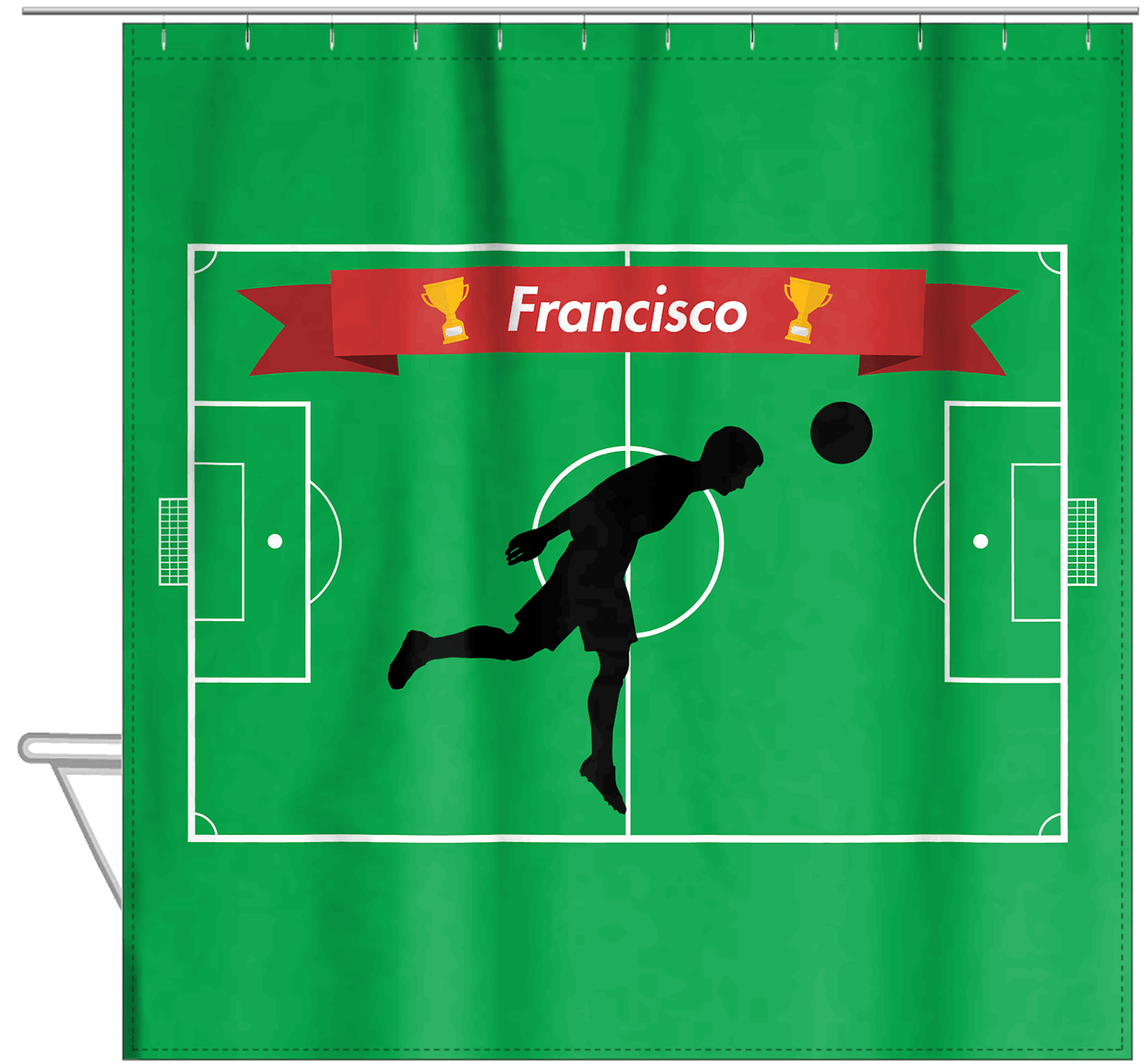 Personalized Soccer Shower Curtain XLIX - Green Background - Boy Silhouette VI - Hanging View