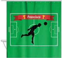 Thumbnail for Personalized Soccer Shower Curtain XLIX - Green Background - Boy Silhouette VI - Hanging View
