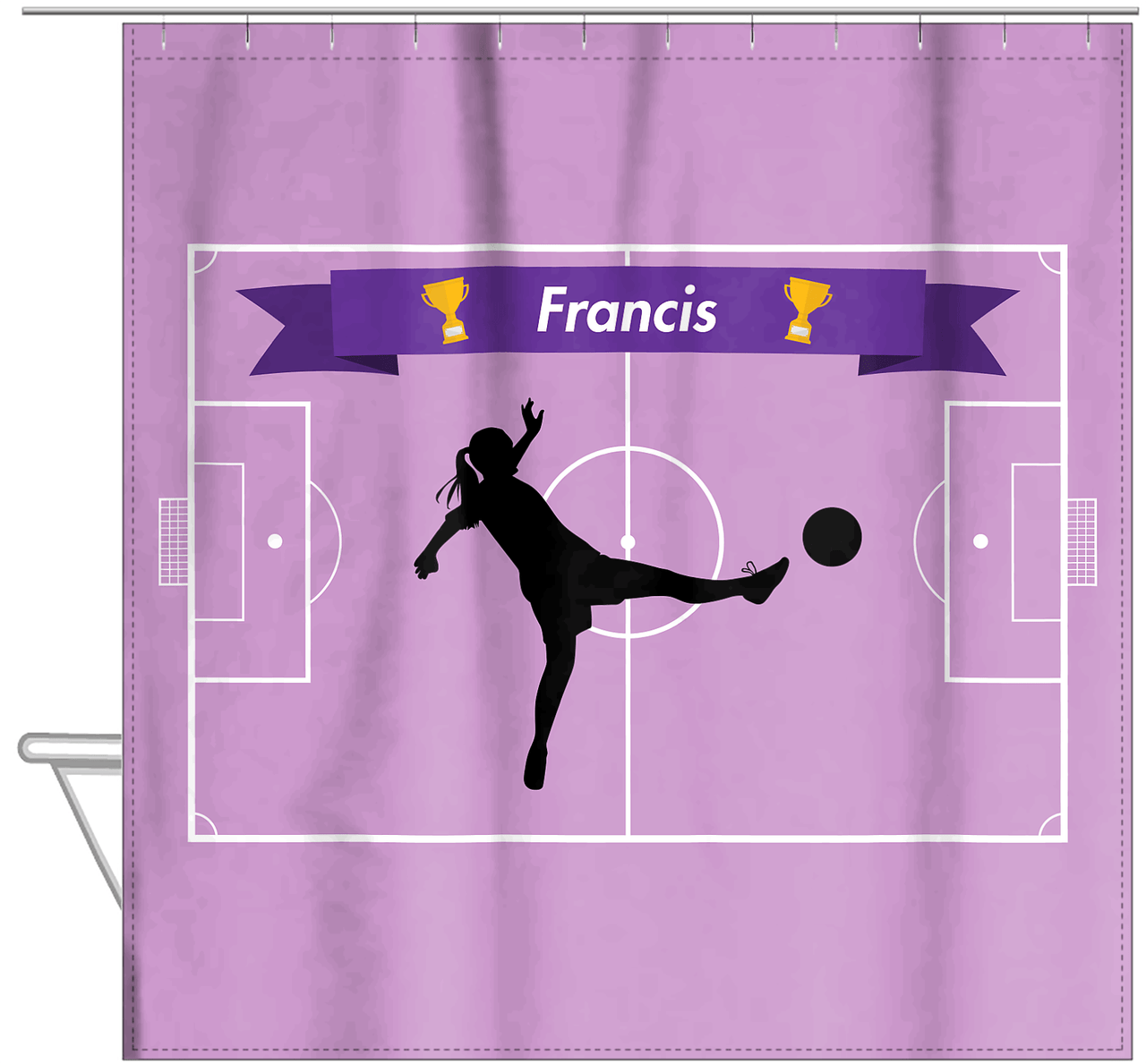 Personalized Soccer Shower Curtain L - Purple Background - Girl Silhouette I - Hanging View