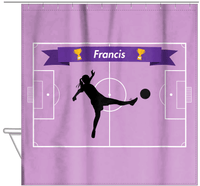 Thumbnail for Personalized Soccer Shower Curtain L - Purple Background - Girl Silhouette I - Hanging View