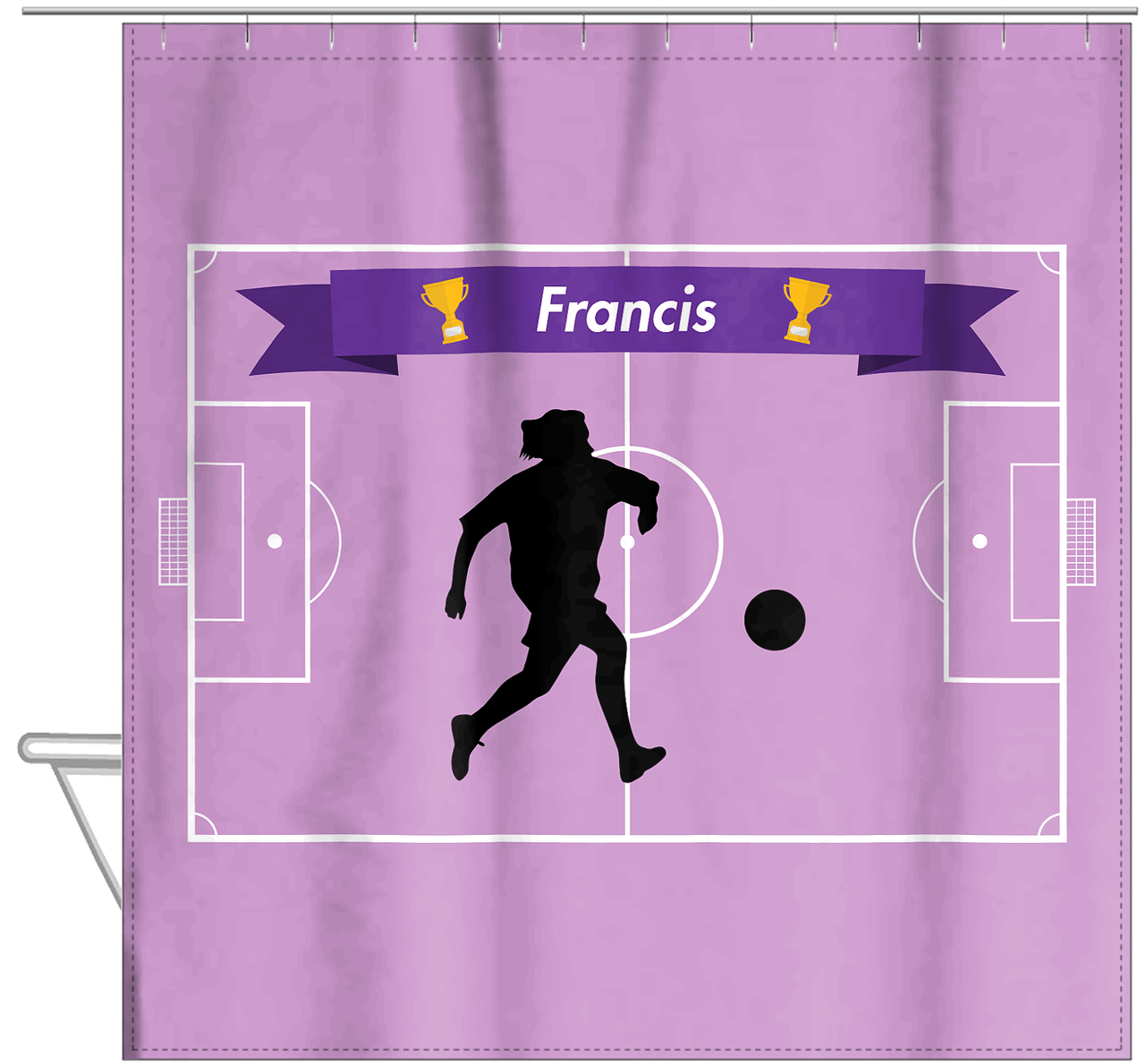 Personalized Soccer Shower Curtain L - Purple Background - Girl Silhouette III - Hanging View