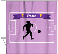 Thumbnail for Personalized Soccer Shower Curtain L - Purple Background - Girl Silhouette III - Hanging View