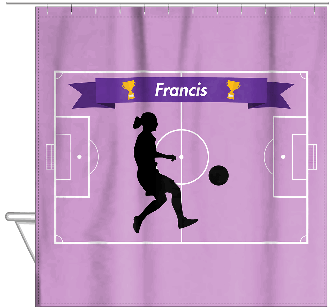 Personalized Soccer Shower Curtain L - Purple Background - Girl Silhouette IV - Hanging View