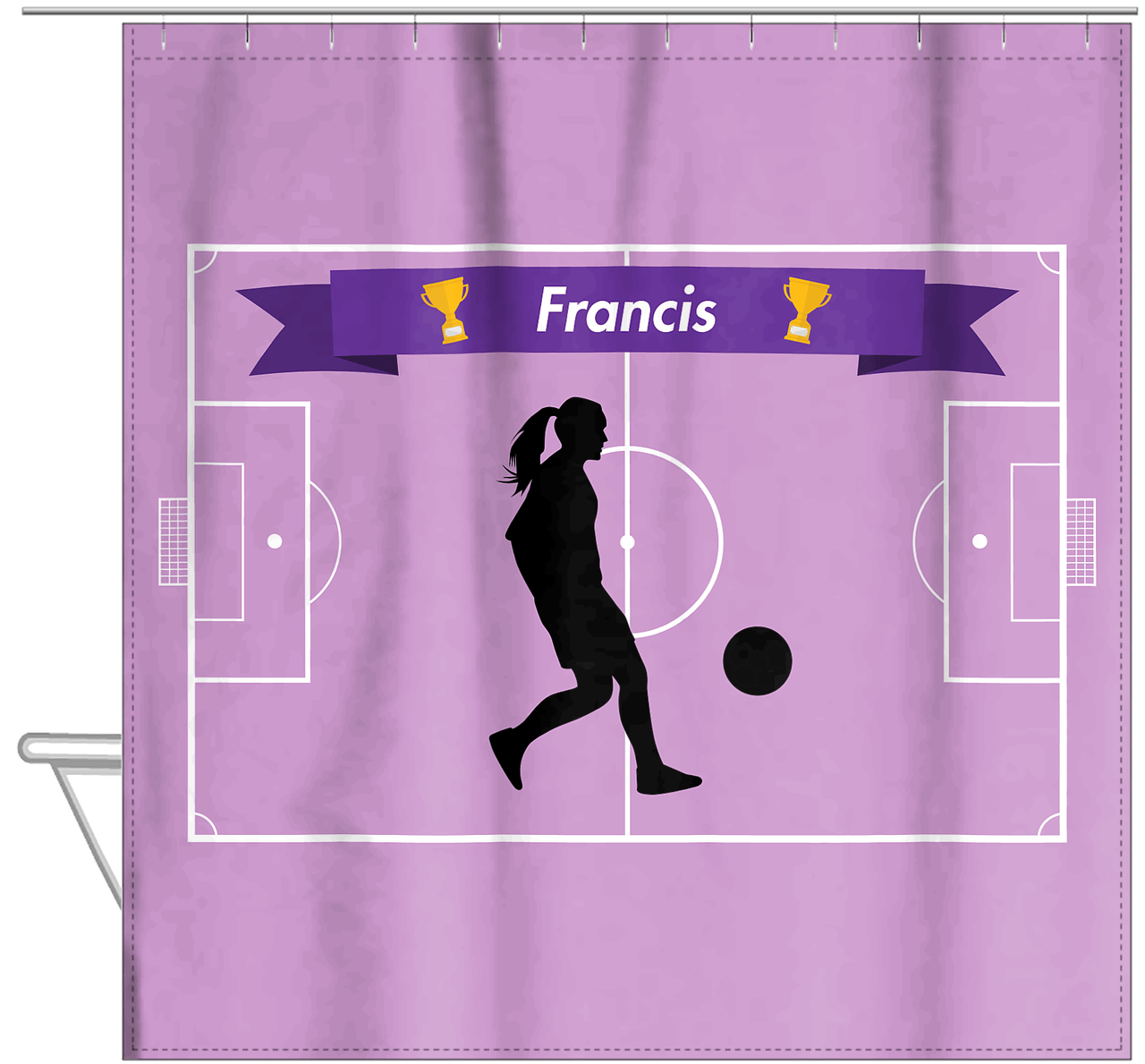 Personalized Soccer Shower Curtain L - Purple Background - Girl Silhouette V - Hanging View