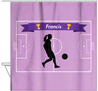 Thumbnail for Personalized Soccer Shower Curtain L - Purple Background - Girl Silhouette V - Hanging View