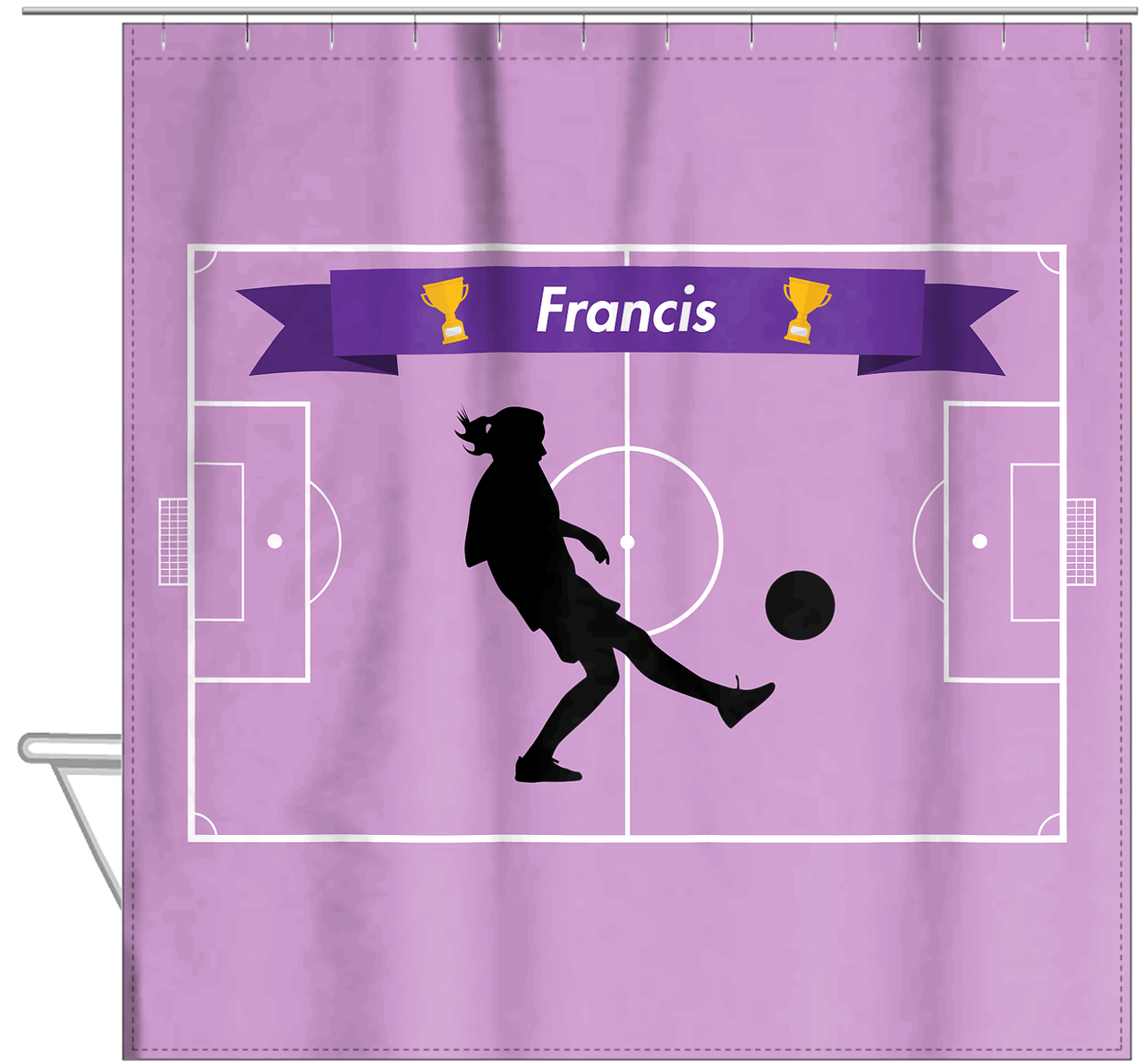 Personalized Soccer Shower Curtain L - Purple Background - Girl Silhouette VI - Hanging View