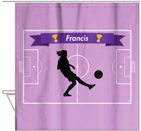 Thumbnail for Personalized Soccer Shower Curtain L - Purple Background - Girl Silhouette VI - Hanging View