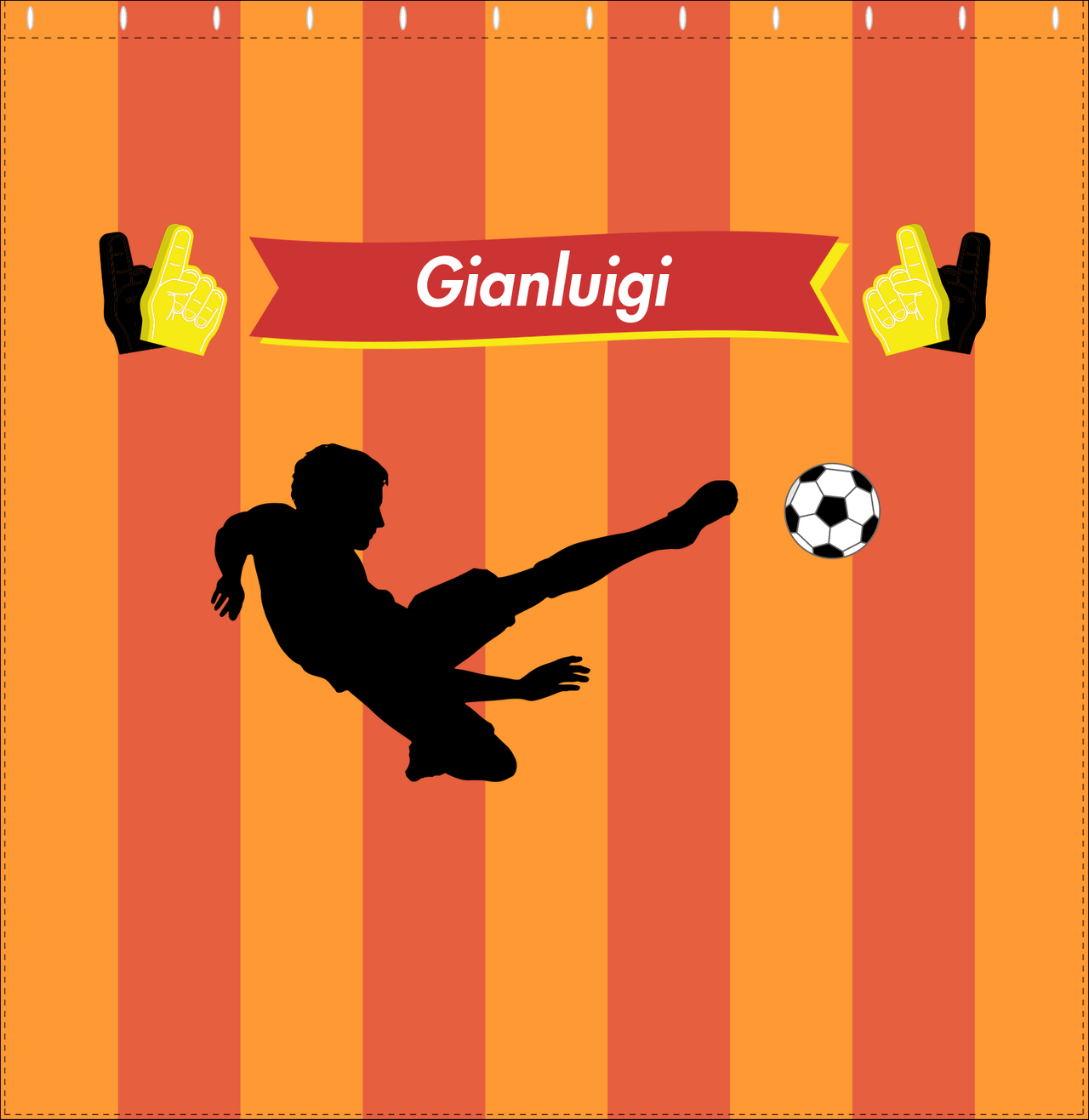 Personalized Soccer Shower Curtain LI - Orange Background - Boy Silhouette I - Decorate View