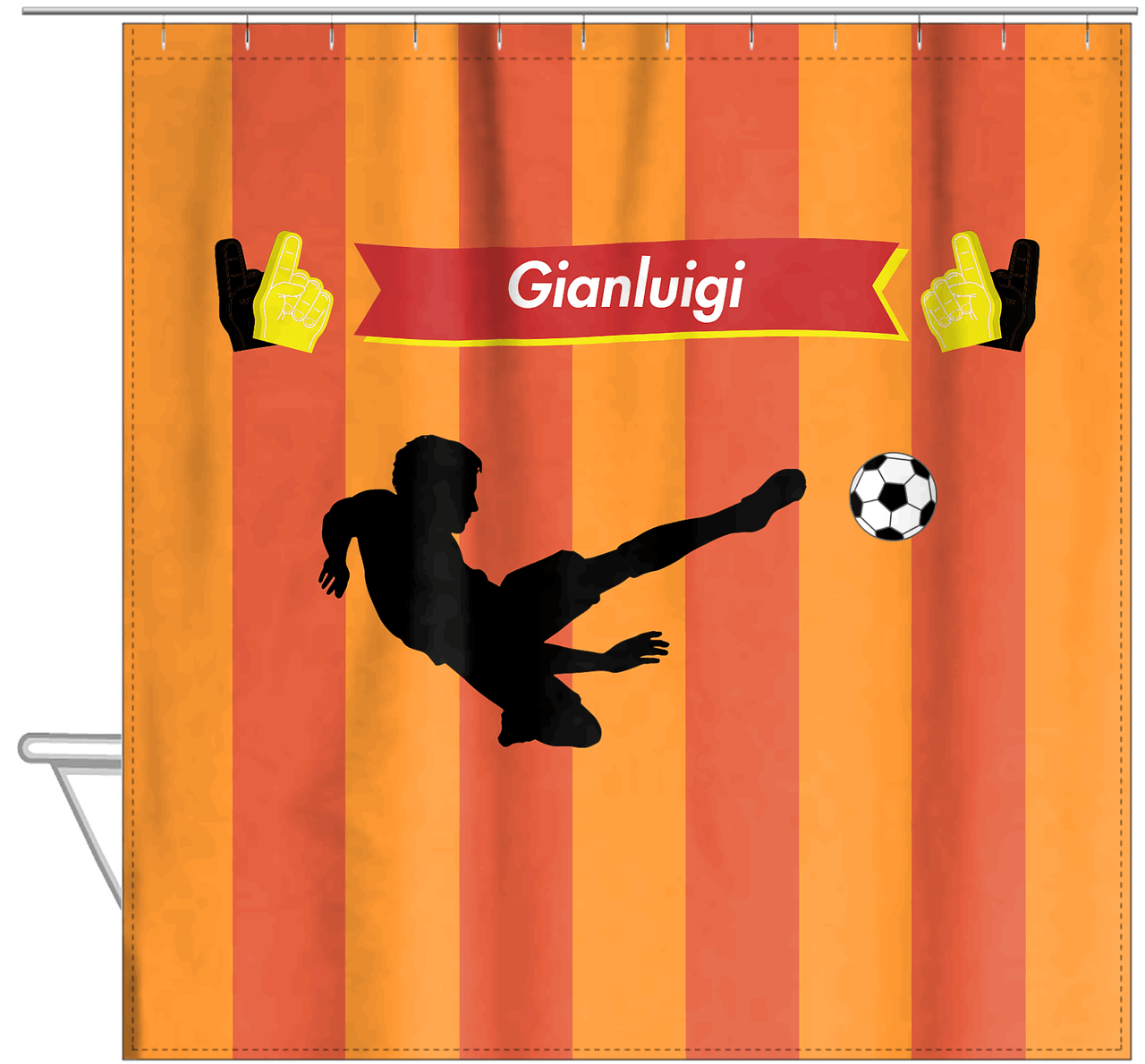 Personalized Soccer Shower Curtain LI - Orange Background - Boy Silhouette I - Hanging View