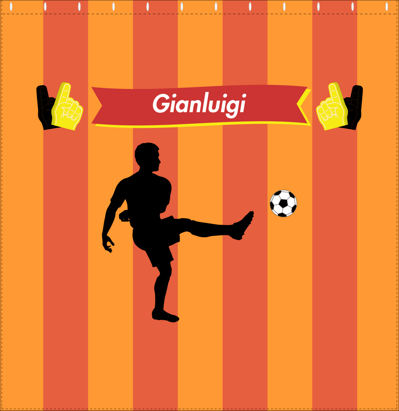 Personalized Soccer Shower Curtain LI - Orange Background - Boy Silhouette II - Decorate View
