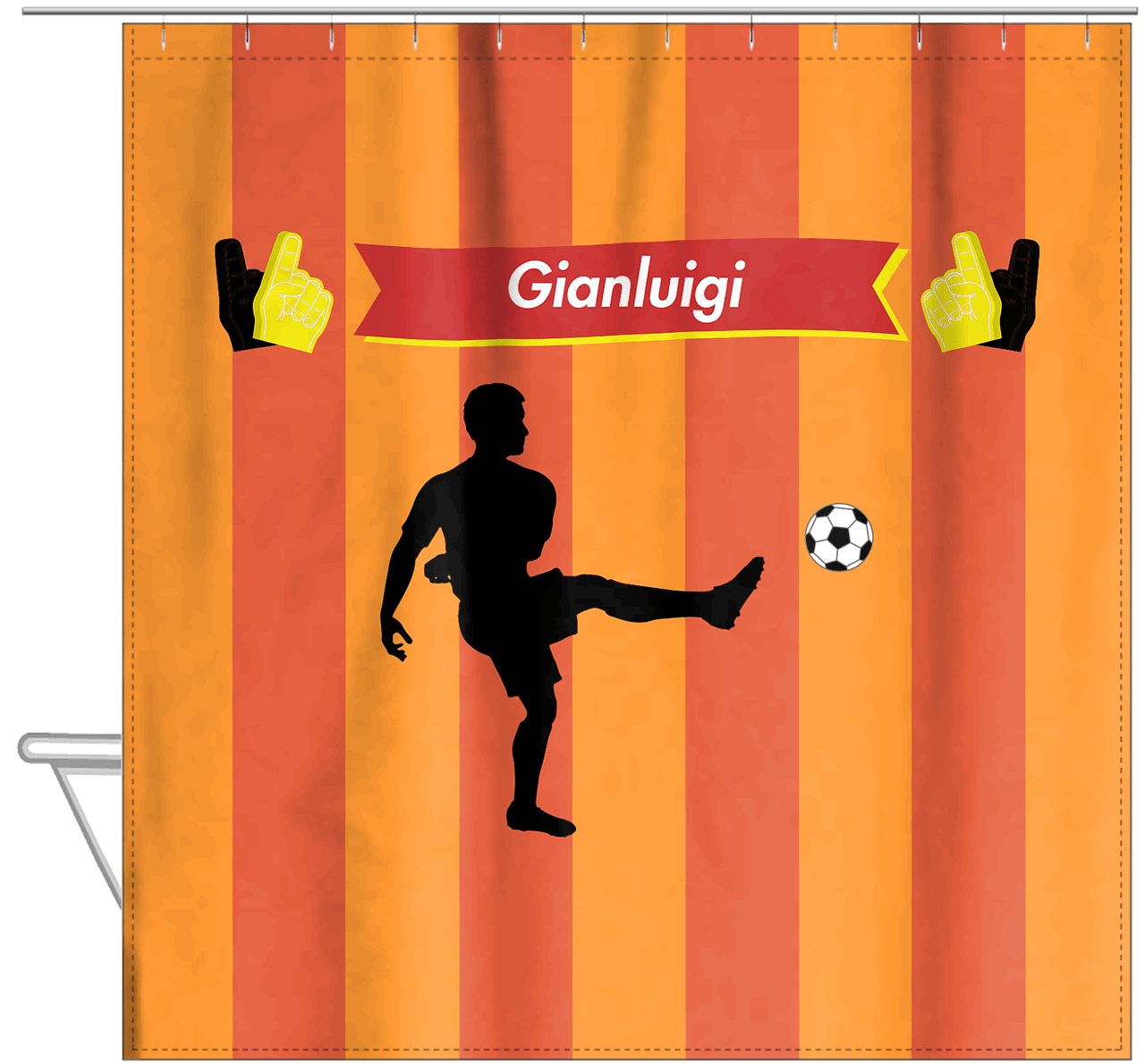 Personalized Soccer Shower Curtain LI - Orange Background - Boy Silhouette II - Hanging View