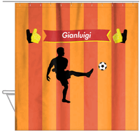 Thumbnail for Personalized Soccer Shower Curtain LI - Orange Background - Boy Silhouette II - Hanging View