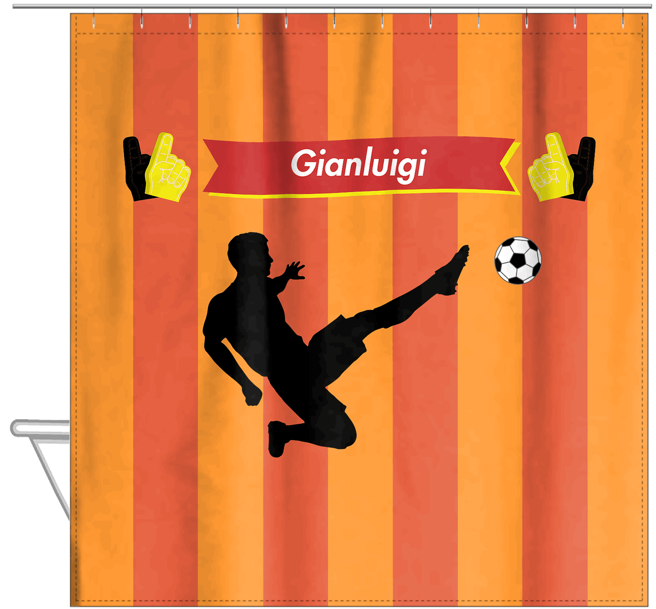Personalized Soccer Shower Curtain LI - Orange Background - Boy Silhouette III - Hanging View