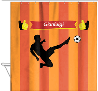 Thumbnail for Personalized Soccer Shower Curtain LI - Orange Background - Boy Silhouette III - Hanging View