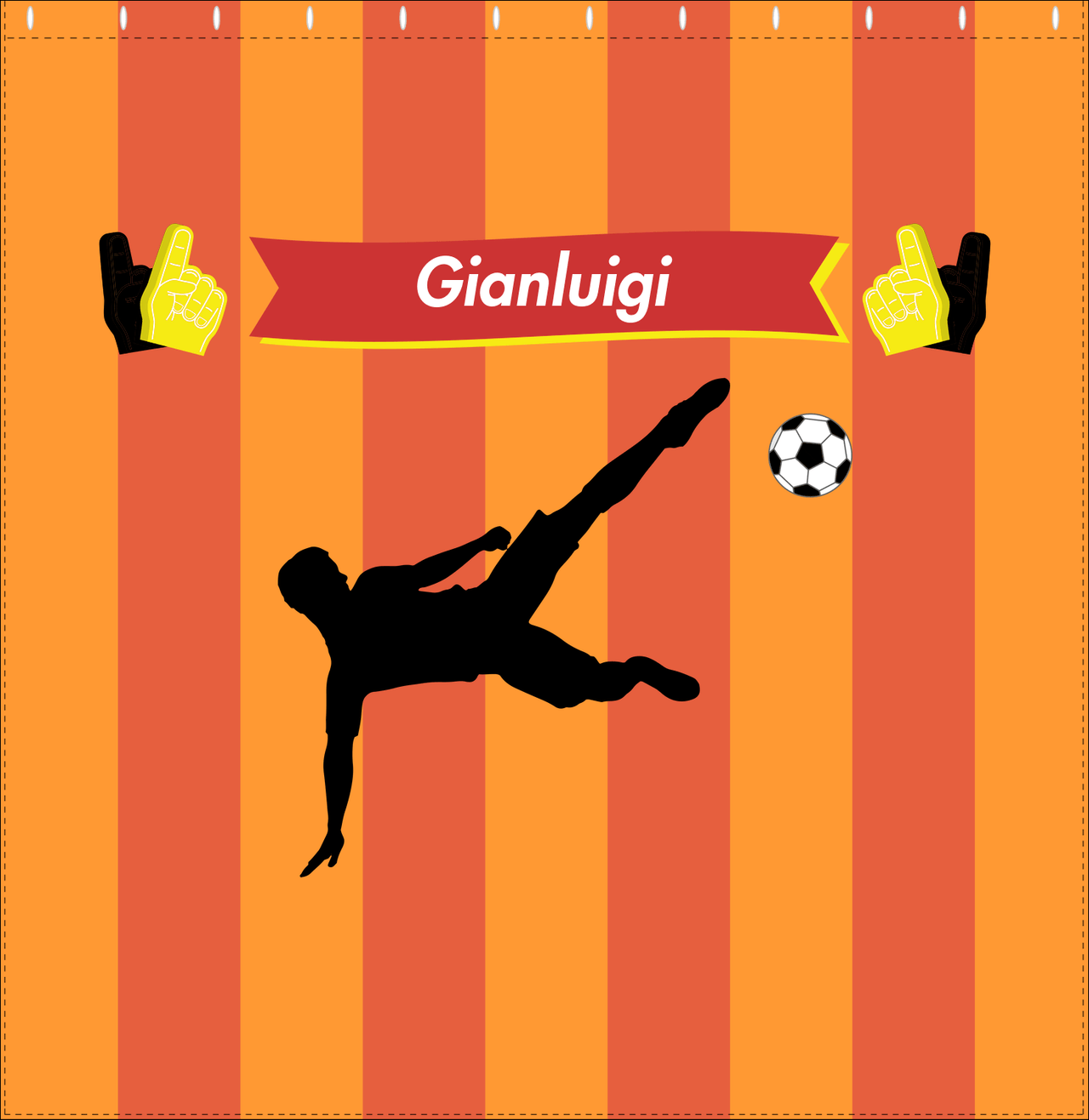 Personalized Soccer Shower Curtain LI - Orange Background - Boy Silhouette IV - Decorate View