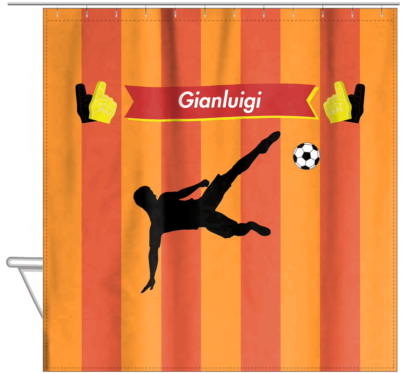 Personalized Soccer Shower Curtain LI - Orange Background - Boy Silhouette IV - Hanging View