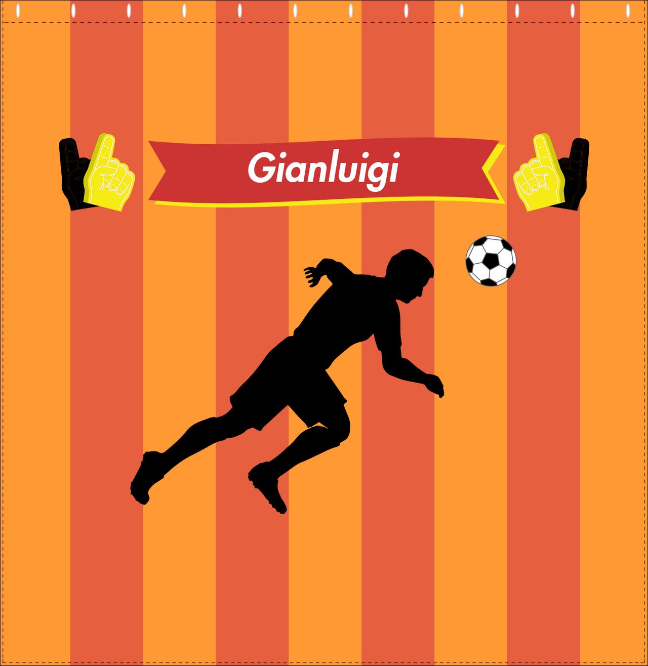 Personalized Soccer Shower Curtain LI - Orange Background - Boy Silhouette V - Decorate View