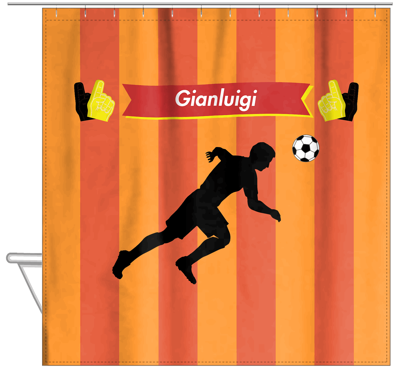 Personalized Soccer Shower Curtain LI - Orange Background - Boy Silhouette V - Hanging View