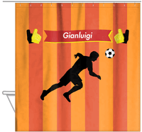 Thumbnail for Personalized Soccer Shower Curtain LI - Orange Background - Boy Silhouette V - Hanging View
