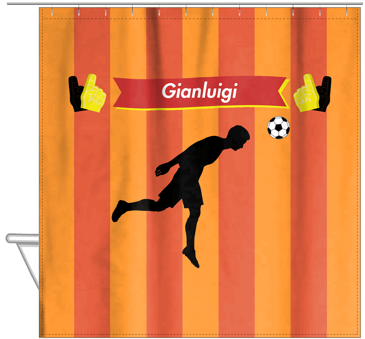 Personalized Soccer Shower Curtain LI - Orange Background - Boy Silhouette VI - Hanging View