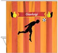 Thumbnail for Personalized Soccer Shower Curtain LI - Orange Background - Boy Silhouette VI - Hanging View