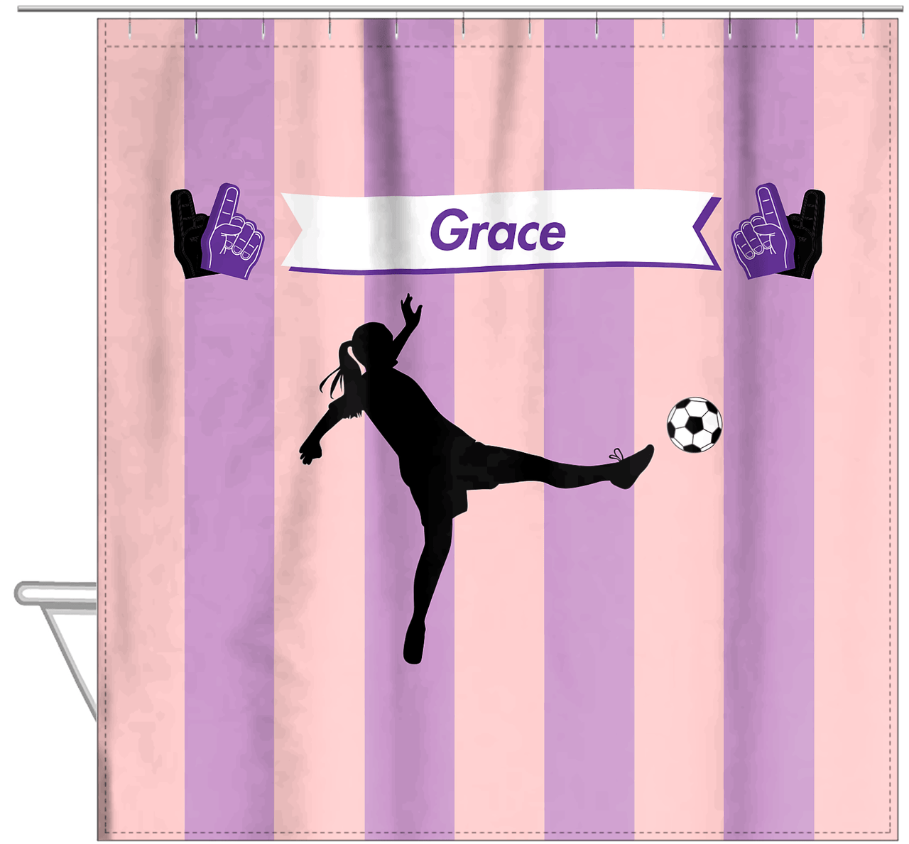 Personalized Soccer Shower Curtain LII - Pink Background - Girl Silhouette I - Hanging View