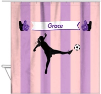 Thumbnail for Personalized Soccer Shower Curtain LII - Pink Background - Girl Silhouette I - Hanging View