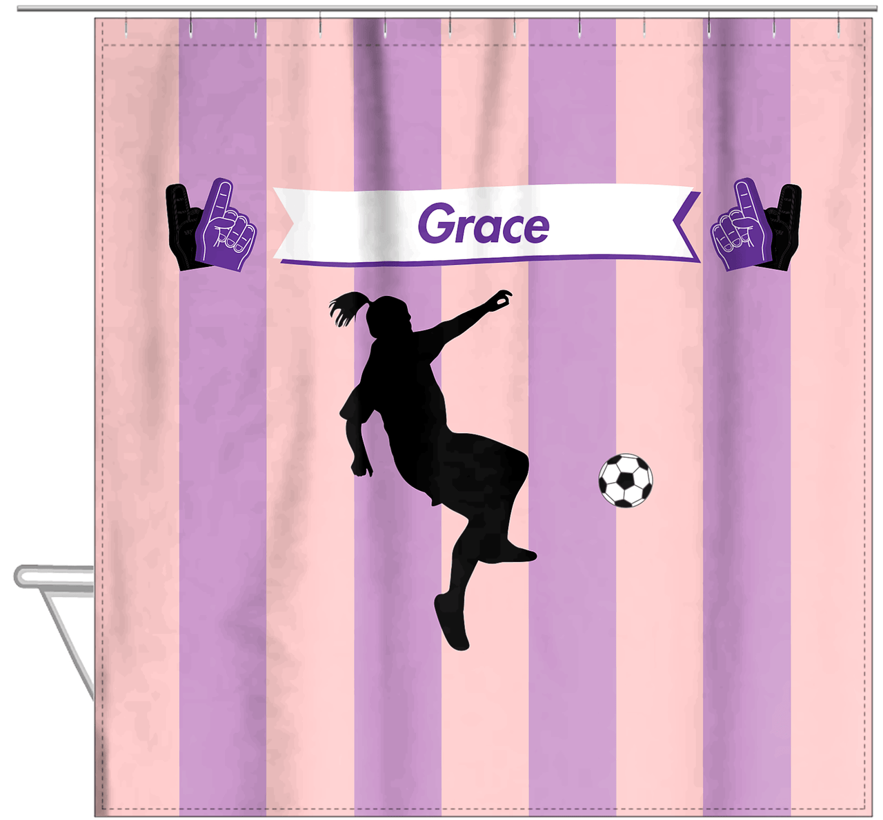 Personalized Soccer Shower Curtain LII - Pink Background - Girl Silhouette II - Hanging View