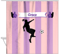 Thumbnail for Personalized Soccer Shower Curtain LII - Pink Background - Girl Silhouette II - Hanging View