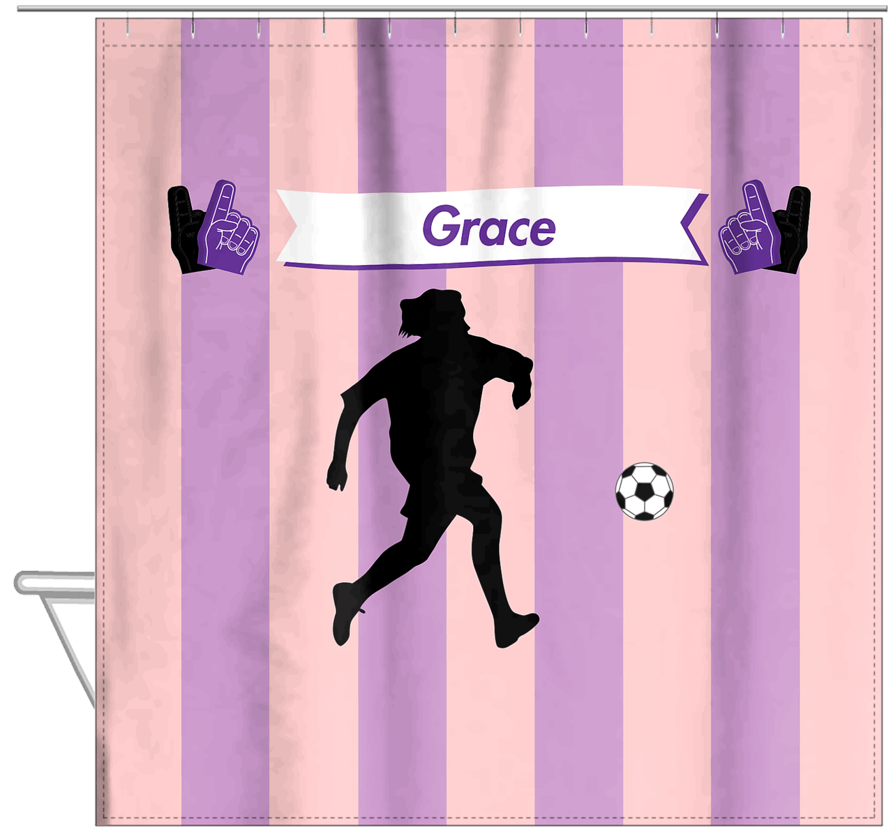 Personalized Soccer Shower Curtain LII - Pink Background - Girl Silhouette III - Hanging View