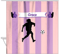 Thumbnail for Personalized Soccer Shower Curtain LII - Pink Background - Girl Silhouette III - Hanging View