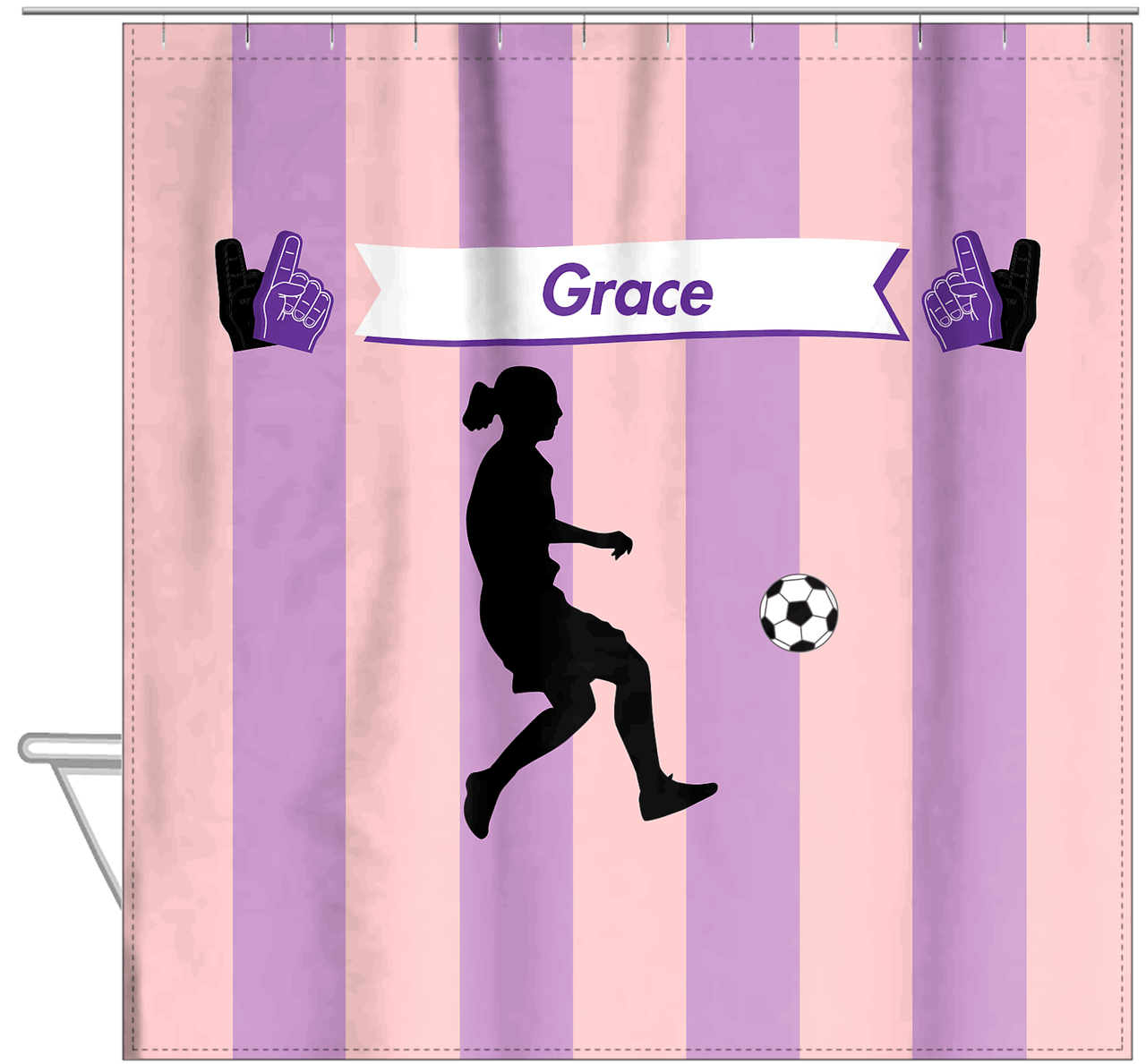 Personalized Soccer Shower Curtain LII - Pink Background - Girl Silhouette IV - Hanging View
