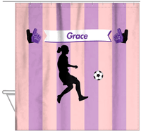 Thumbnail for Personalized Soccer Shower Curtain LII - Pink Background - Girl Silhouette IV - Hanging View
