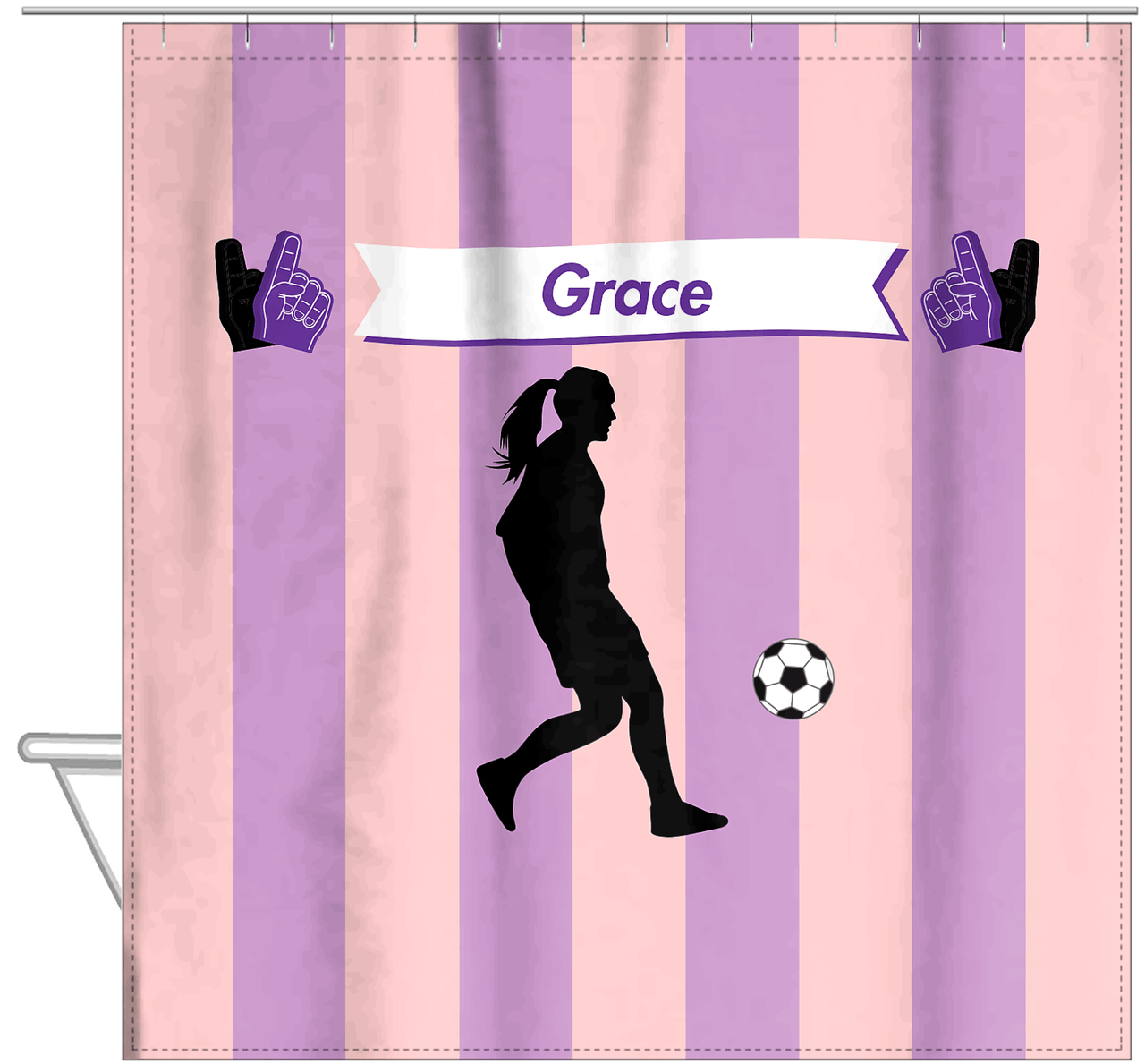 Personalized Soccer Shower Curtain LII - Pink Background - Girl Silhouette V - Hanging View