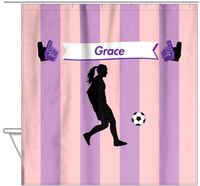 Thumbnail for Personalized Soccer Shower Curtain LII - Pink Background - Girl Silhouette V - Hanging View