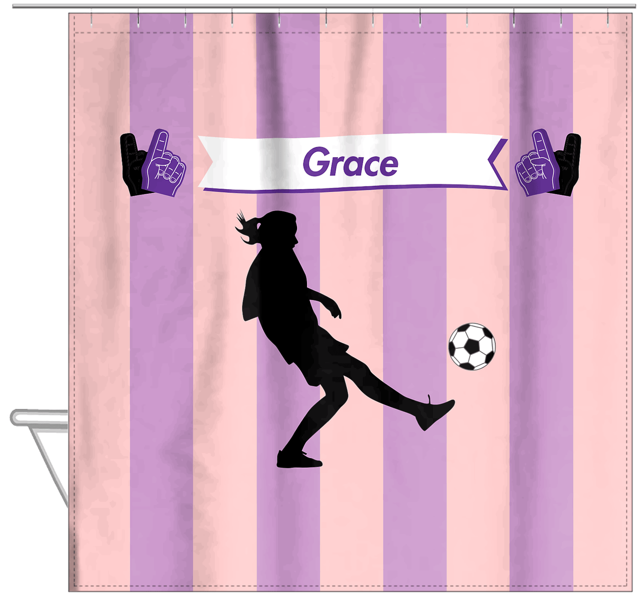 Personalized Soccer Shower Curtain LII - Pink Background - Girl Silhouette VI - Hanging View
