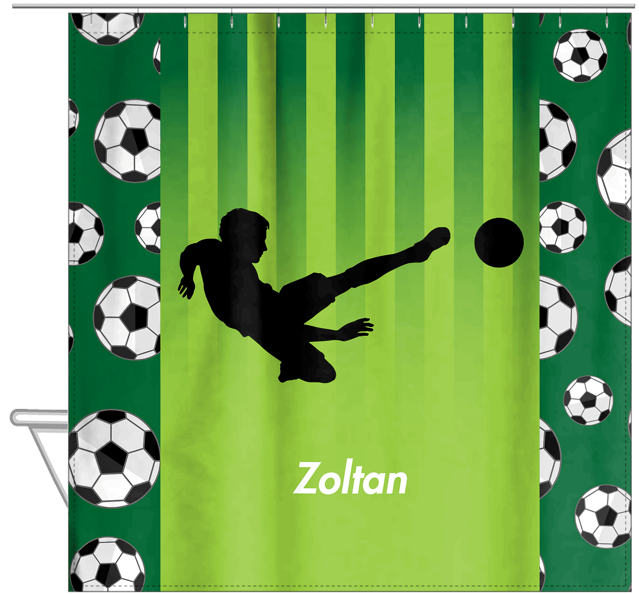 Personalized Soccer Shower Curtain LIII - Green Background - Boy Silhouette I - Hanging View