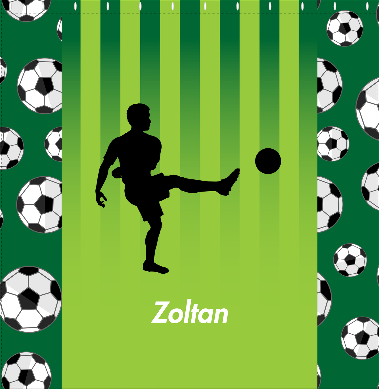 Personalized Soccer Shower Curtain LIII - Green Background - Boy Silhouette II - Decorate View