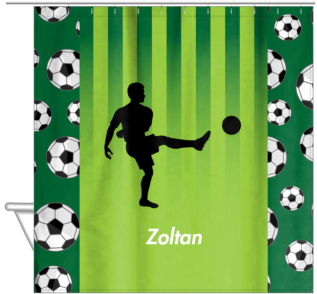 Personalized Soccer Shower Curtain LIII - Green Background - Boy Silhouette II - Hanging View
