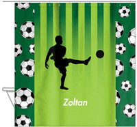 Thumbnail for Personalized Soccer Shower Curtain LIII - Green Background - Boy Silhouette II - Hanging View