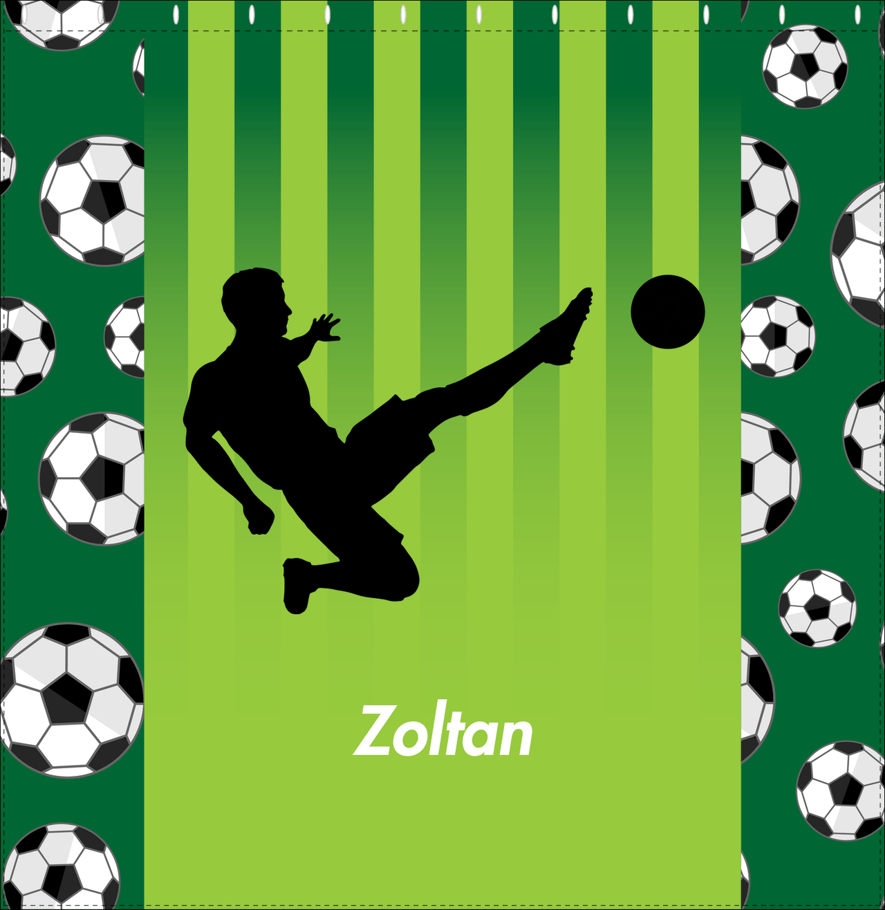 Personalized Soccer Shower Curtain LIII - Green Background - Boy Silhouette III - Decorate View