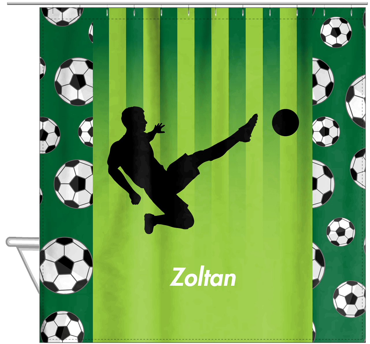 Personalized Soccer Shower Curtain LIII - Green Background - Boy Silhouette III - Hanging View