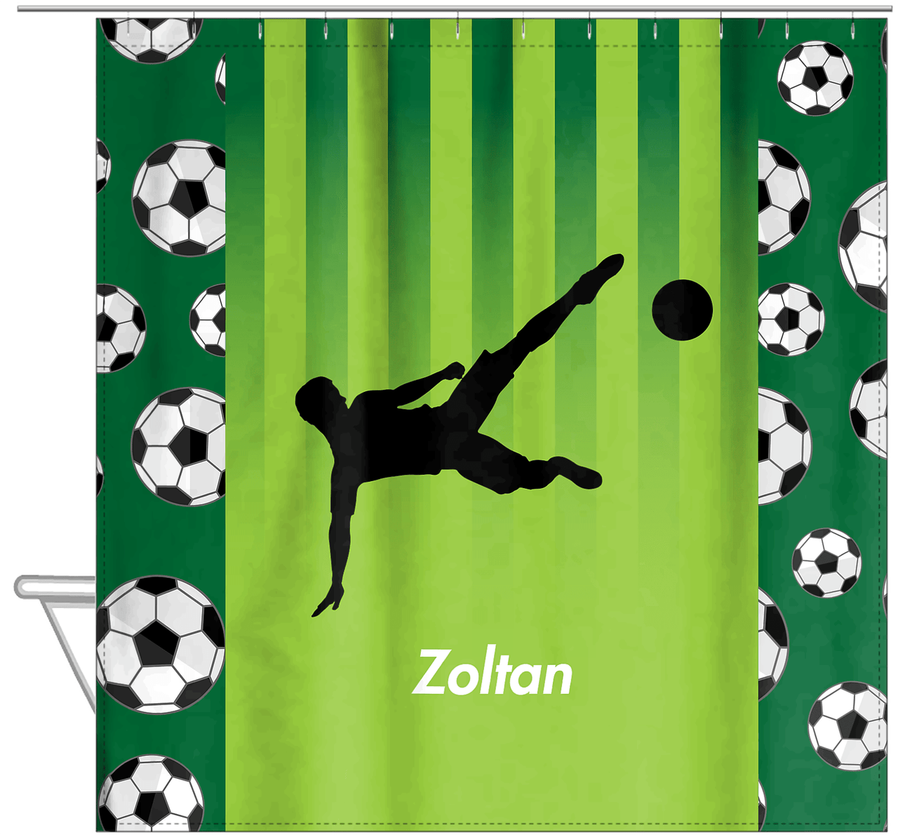 Personalized Soccer Shower Curtain LIII - Green Background - Boy Silhouette IV - Hanging View
