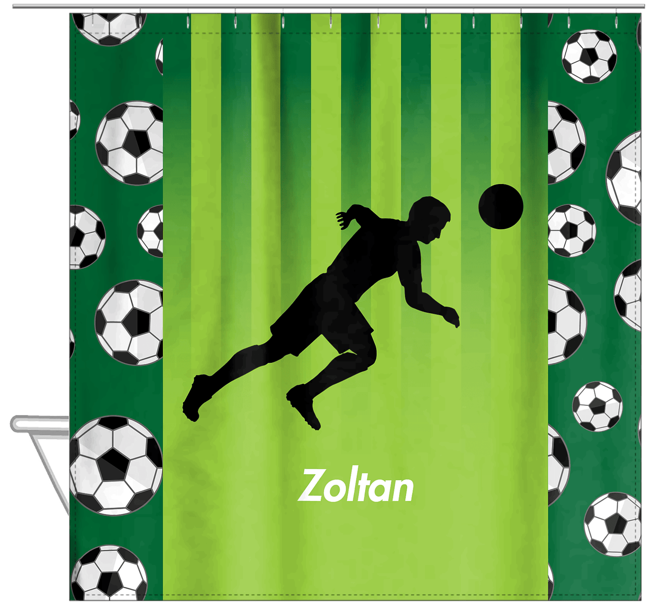 Personalized Soccer Shower Curtain LIII - Green Background - Boy Silhouette V - Hanging View