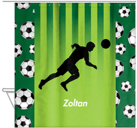 Thumbnail for Personalized Soccer Shower Curtain LIII - Green Background - Boy Silhouette V - Hanging View