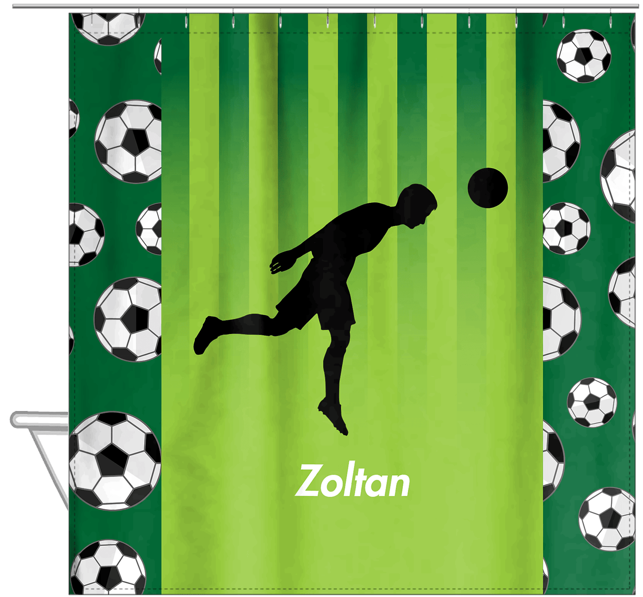 Personalized Soccer Shower Curtain LIII - Green Background - Boy Silhouette VI - Hanging View