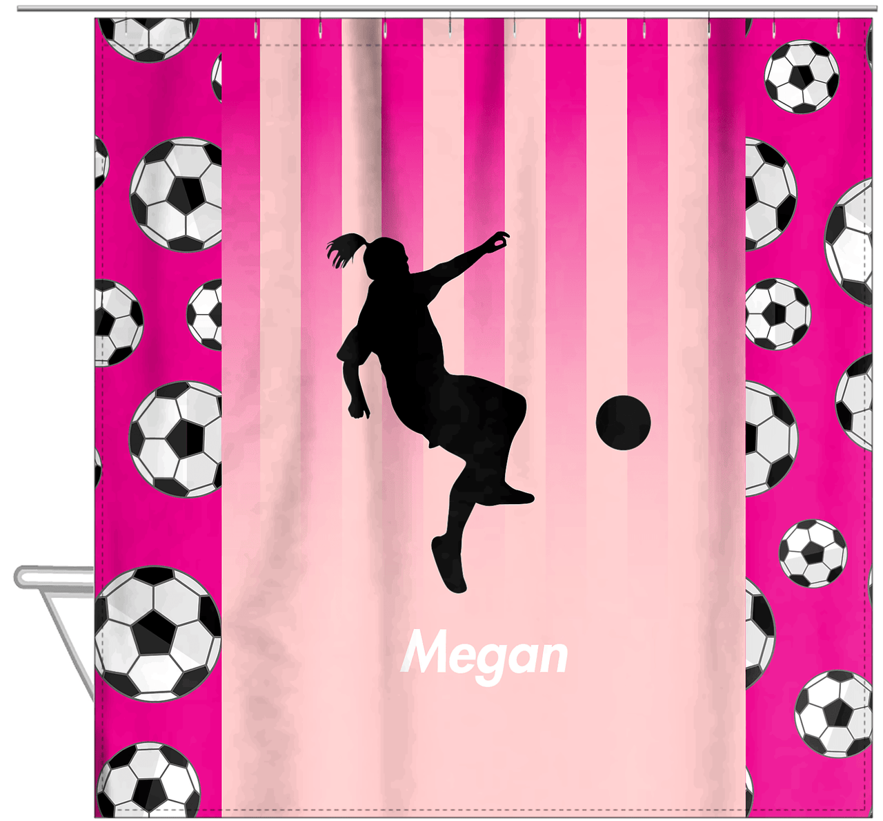 Personalized Soccer Shower Curtain LIV - Pink Background - Girl Silhouette II - Hanging View
